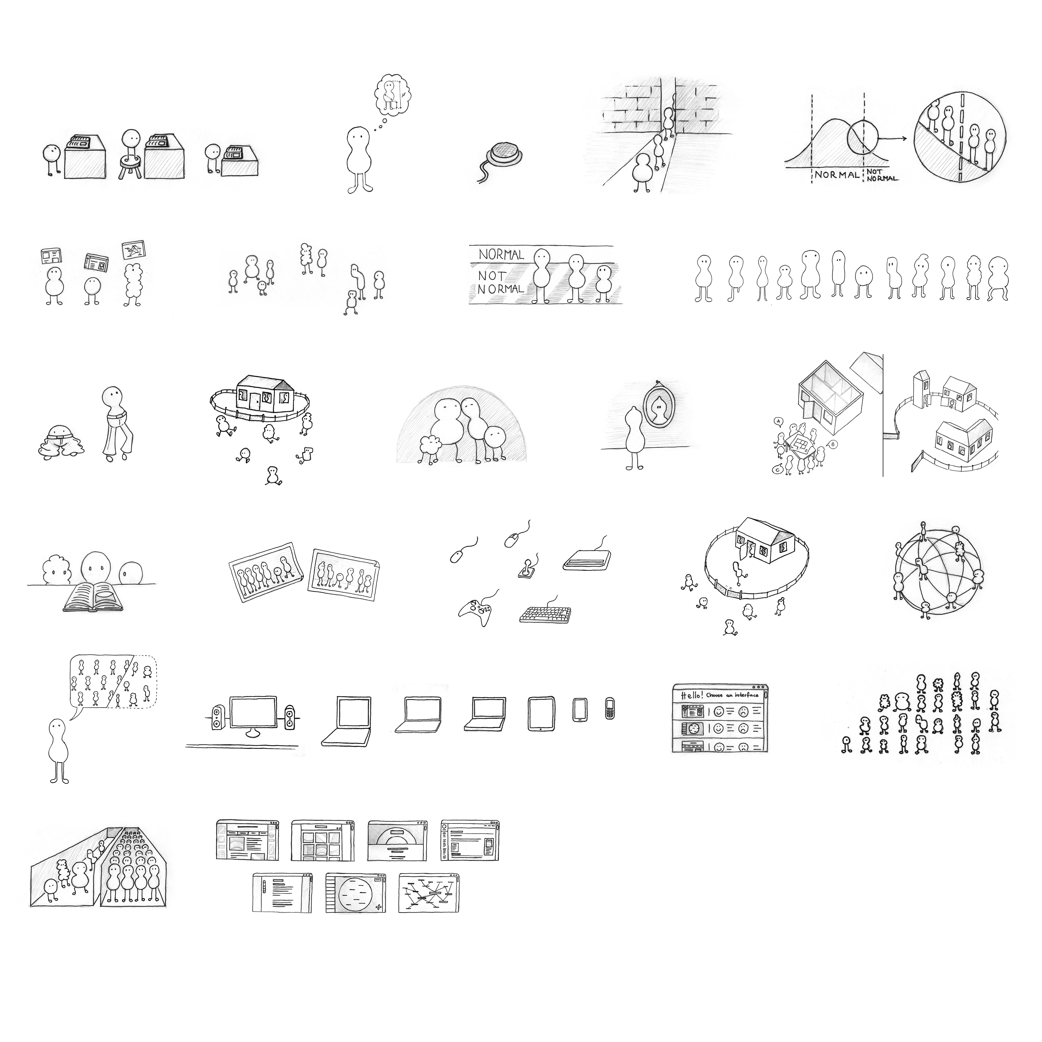 An overview of the 25 illustrations of various approaches and concepts created for my thesis.